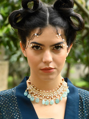 Rajwada Women Stylish Sea Green Kundan Choker Necklace Set