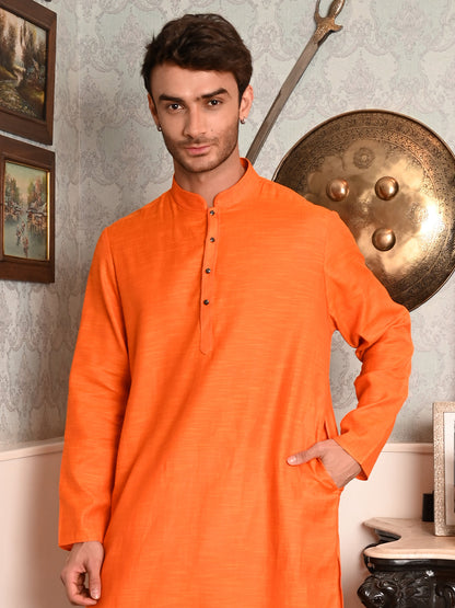 Rajwada Orange Solid Cotton Polyester Kurta Set For Men