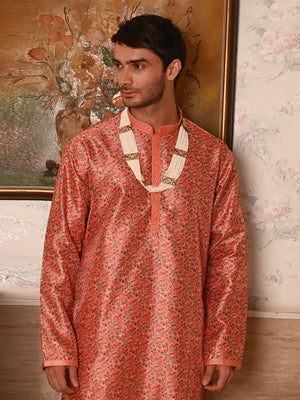 Rajwada Orange Printed Embroidered Silk Blend Traditional Kurta Set For Men