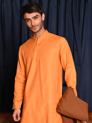 Rajwada Mustard Solid Cotton Polyester Kurta Set For Men