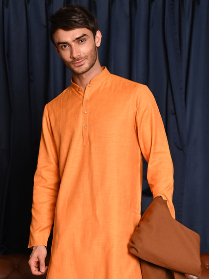 Rajwada Mustard Solid Cotton Polyester Kurta Set For Men