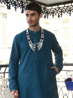Rajwada Teal Embroidered Cotton Kurta Set For Men