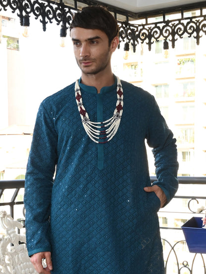 Rajwada Teal Embroidered Cotton Kurta Set For Men
