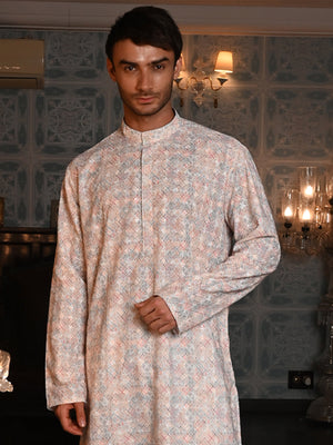Rajwada Peach Embroidered Cotton Traditional Kurta Set For Men