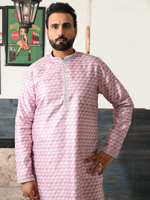 Rajwada Pink Embroidered Silk Blend Traditional Kurta Set For Men