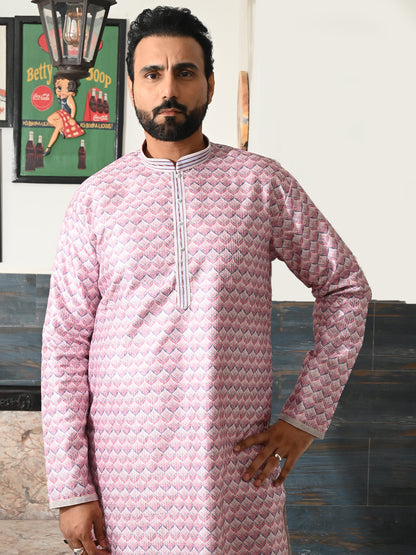 Rajwada Pink Embroidered Silk Blend Traditional Kurta Set For Men