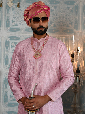 Rajwada Pink Printed Embroidered Cotton Kurta Set For Men
