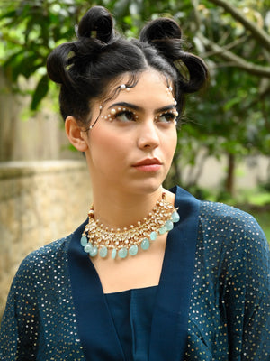 Rajwada Women Stylish Sea Green Kundan Choker Necklace Set