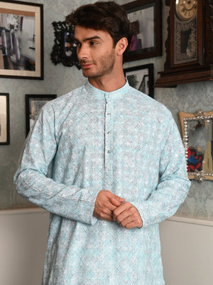 Rajwada Blue Embroidered Cotton Traditional Kurta Set For Men