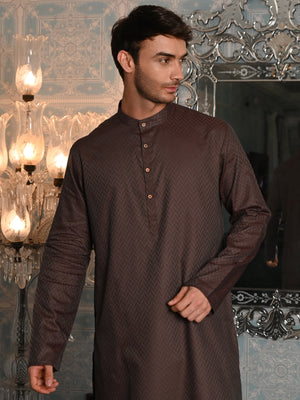 Rajwada Grey and Brown Woven Cotton Traditional Kurta Set For Men