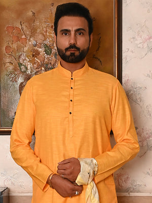 Rajwada Yellow Woven Cotton Polyester Kurta Set For Men