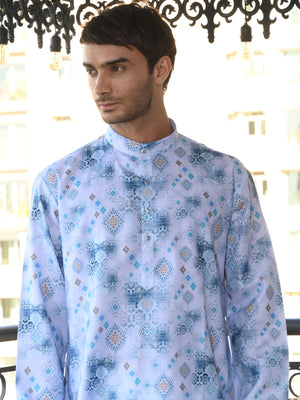 Rajwada Blue Printed Cotton Traditional Kurta Set For Men