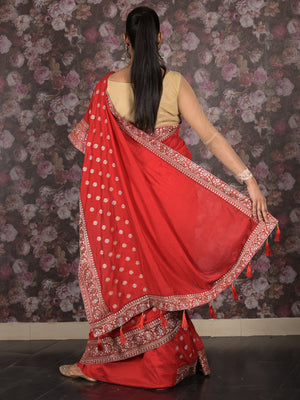 Rajwada Red Embroiedered Silk Blend Saree With Unstitched Blouse For Women