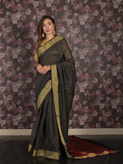 Rajwada Black Cotton Blend Woven Saree with Unstitched Blouse for Women