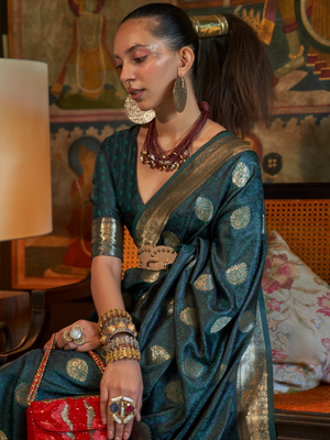 Rajwada Green Silk Blend Woven Saree With Unstitched Blouse for Women