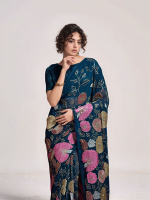 Rajwada Teal Blue Georgette Embellished Saree For Women