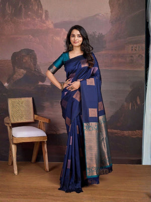 Rajwada Navy Blue Silk Blend Woven Saree For Women