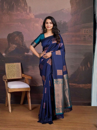 Rajwada Navy Blue Silk Blend Woven Saree For Women