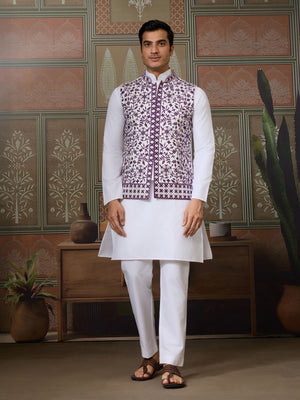 Rajwada White Silk Blend Plain Stitched Kurta Set For Men