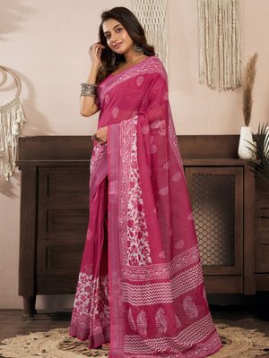 Rajwada Pink Cotton Linen Zari Work Saree For Women