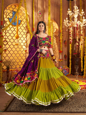 Rajwada Multicolor Viscose Cotton Embroidered Semi-Stitched lehenga With Stunning Tassels And Embroidered Waist Belt For Women