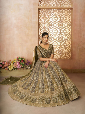 Rajwada Olive Soft Net Embroidered Semi-Stitched Lehenga For Women