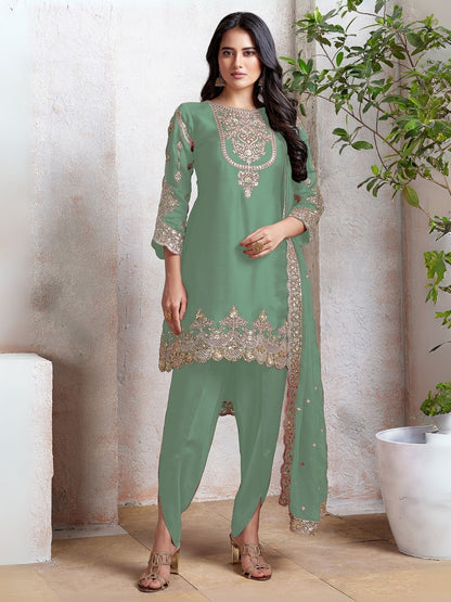 Rajwada Light Green Georgette Embroidered & Cutwork Semi-Sitched Kurta Set For Women