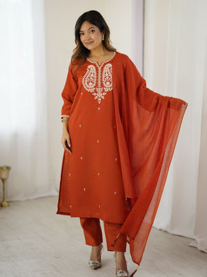 Rajwada Rust Orange Chanderi Embriodered Stitched Kurta Set For Women