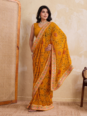 Rajwada Yellow Georgette Embroidered Saree For Women