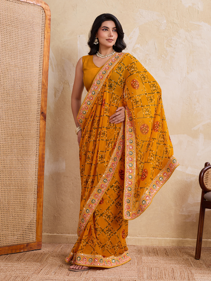 Rajwada Yellow Georgette Embroidered Saree For Women
