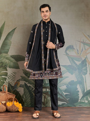 Rajwada Black Viscose Silk Embroidered Stitched Kurta For Men