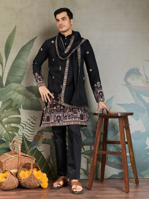 Rajwada Black Viscose Silk Embroidered Stitched Kurta For Men
