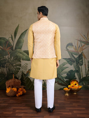 Rajwada Yellow Viscose Silk Woven Stitched Kurta For Men