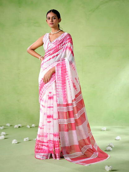 Rajwada White Cotton Linen Solid Printed Saree For Women