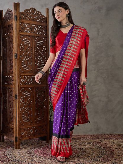 Rajwada Purple And Red Silk Blend Printed Elegant Saree For Women