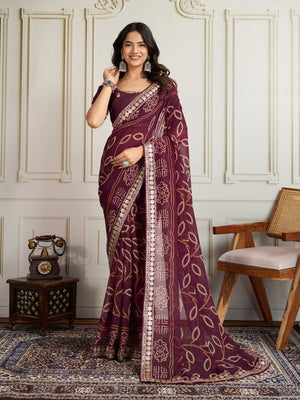 Rajwada Wine Georgette Printed Saree For Women