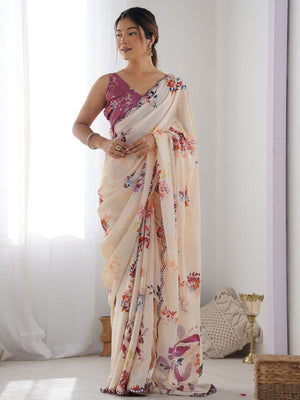 Rajwada Off White Silk Blend Floral Print & Cutwork Saree For Women