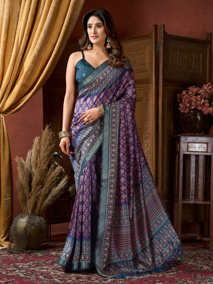 Rajwada Purple Silk Blend Printed Saree For Women