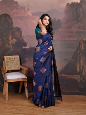 Rajwada Navy Blue Silk Blend Woven Saree For Women
