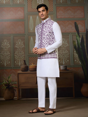 Rajwada White Silk Blend Plain Stitched Kurta Set For Men