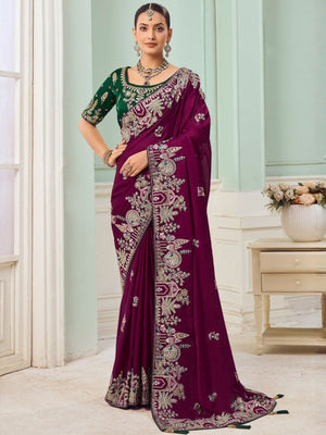 Rajwada Wine Satin Embroidered Saree For Women