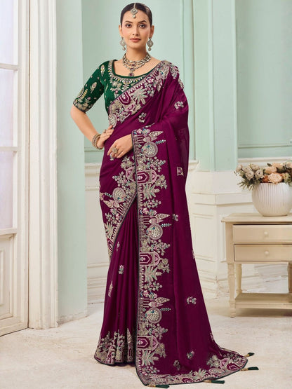 Rajwada Wine Satin Embroidered Saree For Women