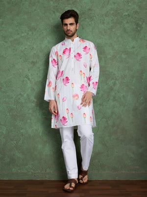 Rajwada White Rayon Printed and Embroidered Stitched Kurta For Men