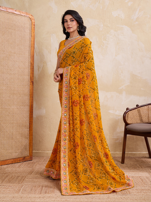 Rajwada Yellow Georgette Embroidered Saree For Women