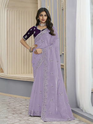 Rajwada Lavender Organza Embroidered Elegant Saree For Women