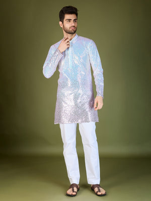 Rajwada Pink Georgette Embellished Stitched Kurta For Men