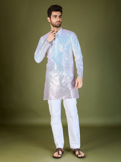 Rajwada Pink Georgette Embellished Stitched Kurta For Men