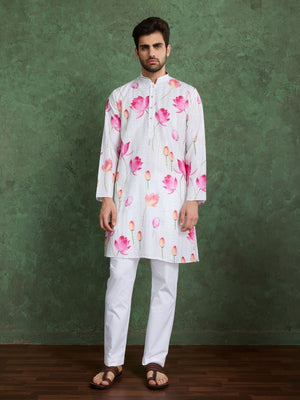 Rajwada White Rayon Printed and Embroidered Stitched Kurta For Men