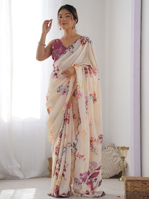 Rajwada Off White Silk Blend Floral Print & Cutwork Saree For Women