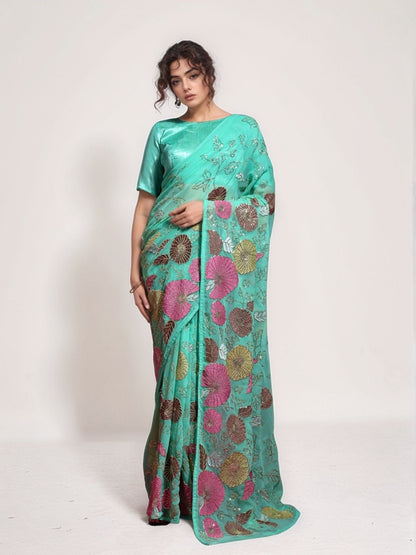 Rajwada Teal Green Georgette Embellished Saree For Women